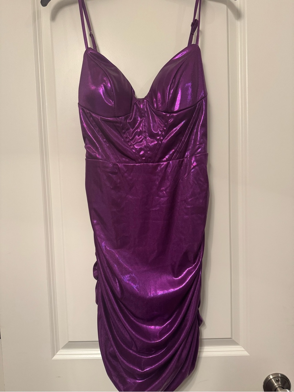 Satin Purple Ruched Midi Dress with Adjustable Straps